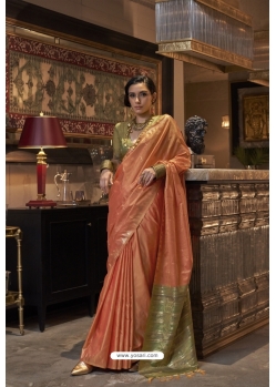 Peach Tussar Silk Traditional Party Wear Saree