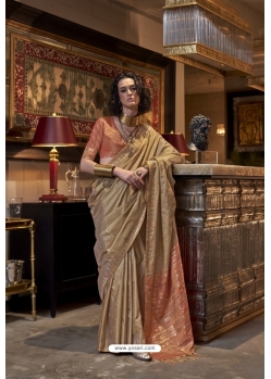 Beige Tussar Silk Traditional Party Wear Saree