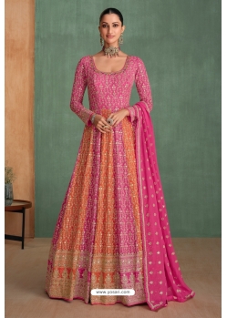 Rani Pink Real Georgette Heavy Emboidered Dress With Dupatta