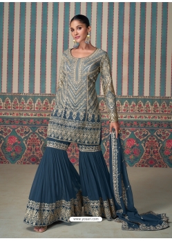 Grey And Teal Heavy Emroidered Designer Sharara Suit