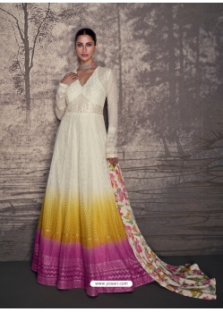 Pretty White Heavy Stylish Embroidered Lucknowi Gowns With Tassels