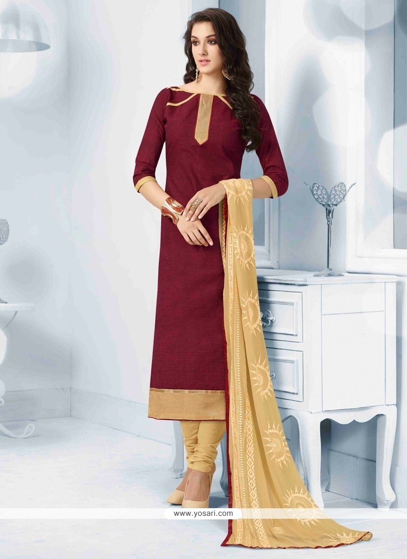 Shop online Magnetize Maroon Embroidered Work Cotton Churidar Designer Suit